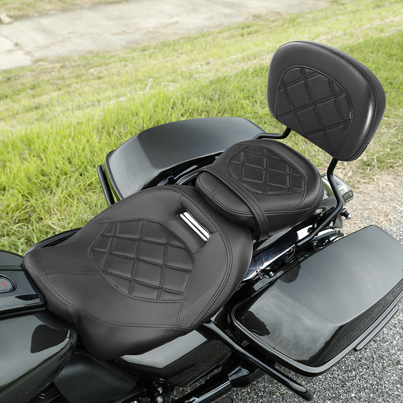 C.C. RIDER Touring Seat Two Piece Low Profile Driver Passenger Seat With Backrest For Road Glide Street Glide Road King, Black, 2009-2023