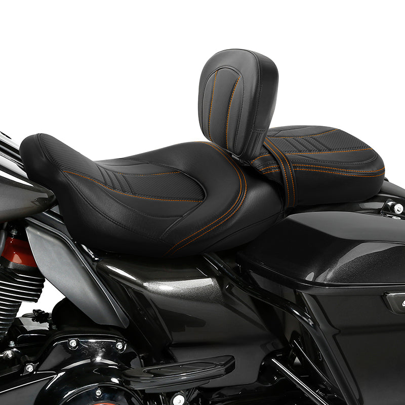 C.C. RIDER Touring Seat Two Piece Low Profile Driver Passenger Seat With Backrest For Road Glide Street Glide Road King, Black Orange, 2009-2023