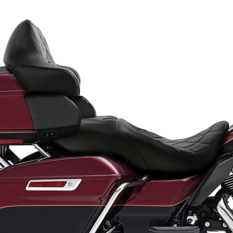 C.C. RIDER Touring Seat Driver Passenger Seat Extended Reach Seat With Backrest For Harley CVO Road Glide Electra Glide Street Glide Road King, Black Gray Diamond Stitching, 2014-2023