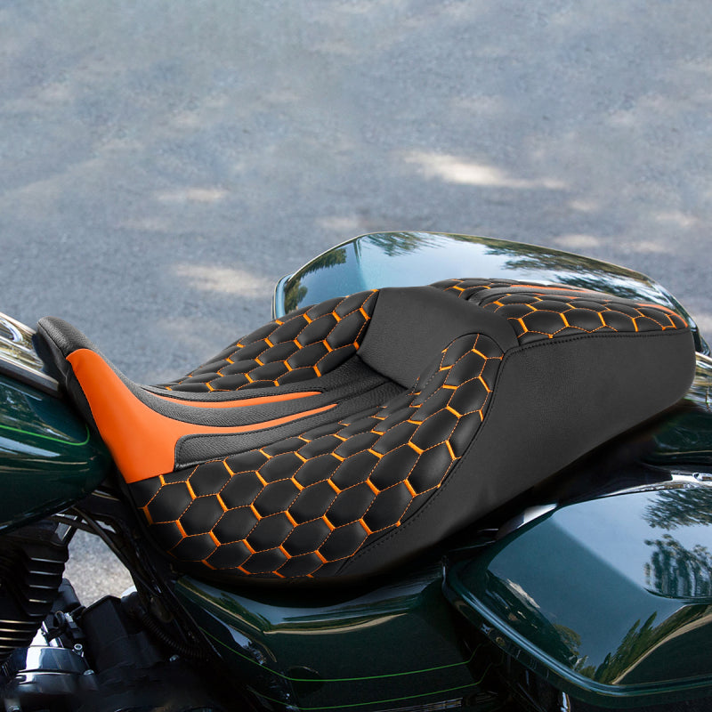 Gel Seat C.C. RIDER Touring Seat 2 up Seat Driver Passenger Seat For Harley Touring Street Glide Road Glide Electra Glide Honeycomb Stitiching, 2008-2023