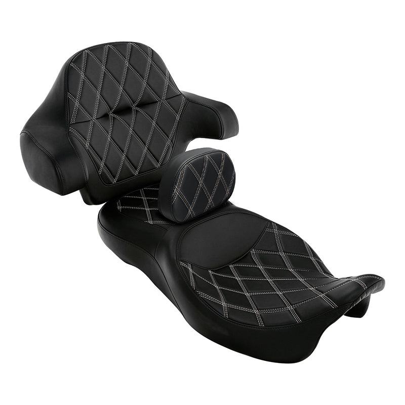C.C. RIDER Touring Seat Driver Passenger Seat Extended Reach Seat With Backrest For Harley CVO Road Glide Electra Glide Street Glide Road King, Black Gray Diamond Stitching, 2014-2023