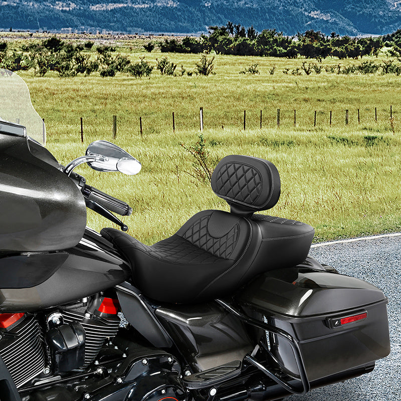 C.C. RIDER Touring Seat Driver Passenger Seat With Backrest For Harley CVO Road Glide Electra Glide Street Glide Road King, Black White, 2014-2023