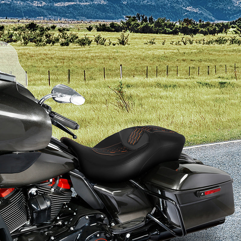 C.C. RIDER Touring Seat 2 Up Seat Driver Passenger Seat Honeybomb Stitching For Harley CVO Road Glide Electra Glide Street Glide Road King, 2009-2023