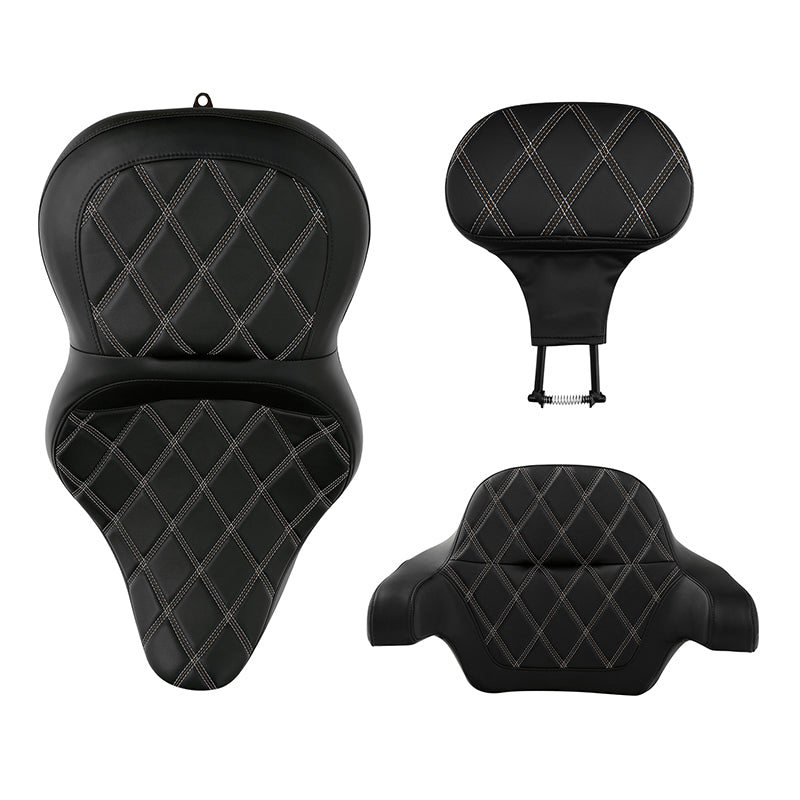 C.C. RIDER Touring Seat Driver Passenger Seat Extended Reach Seat With Backrest For Harley CVO Road Glide Electra Glide Street Glide Road King, Black Gray Diamond Stitching, 2014-2023