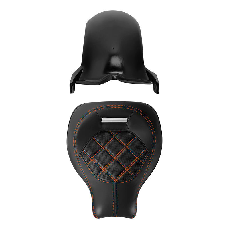 C.C.RIDER Custom Short Oval Rear Fender With Orange Lattice Solo Seat in Black Gelcoat Finish For Harley Softail Breakout FXBR FXBRS, 2018-2023