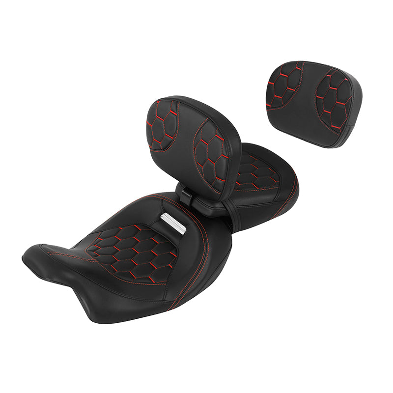 C.C. RIDER Touring Seat Two Piece Low Profile Driver Passenger Seat With Backrest For Road Glide Street Glide Road King, Black Red, 2009-2023