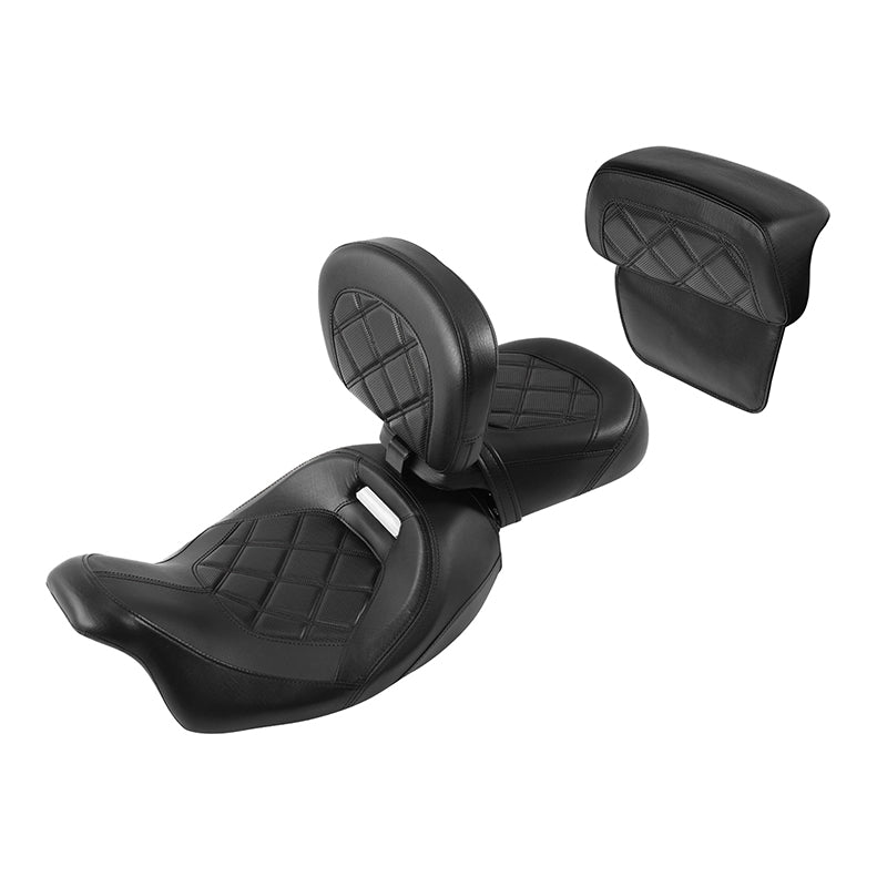 C.C. RIDER Touring Seat Two Piece Low Profile Driver Passenger Seat With Backrest For Road Glide Street Glide Road King, Black, 2009-2023