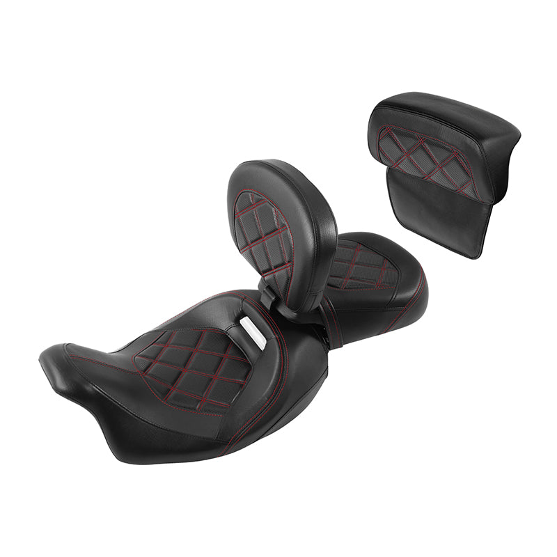 C.C. RIDER Touring Seat Two Piece Low Profile Driver Passenger Seat With Backrest For Road Glide Street Glide Road King, Black Red, 2009-2023