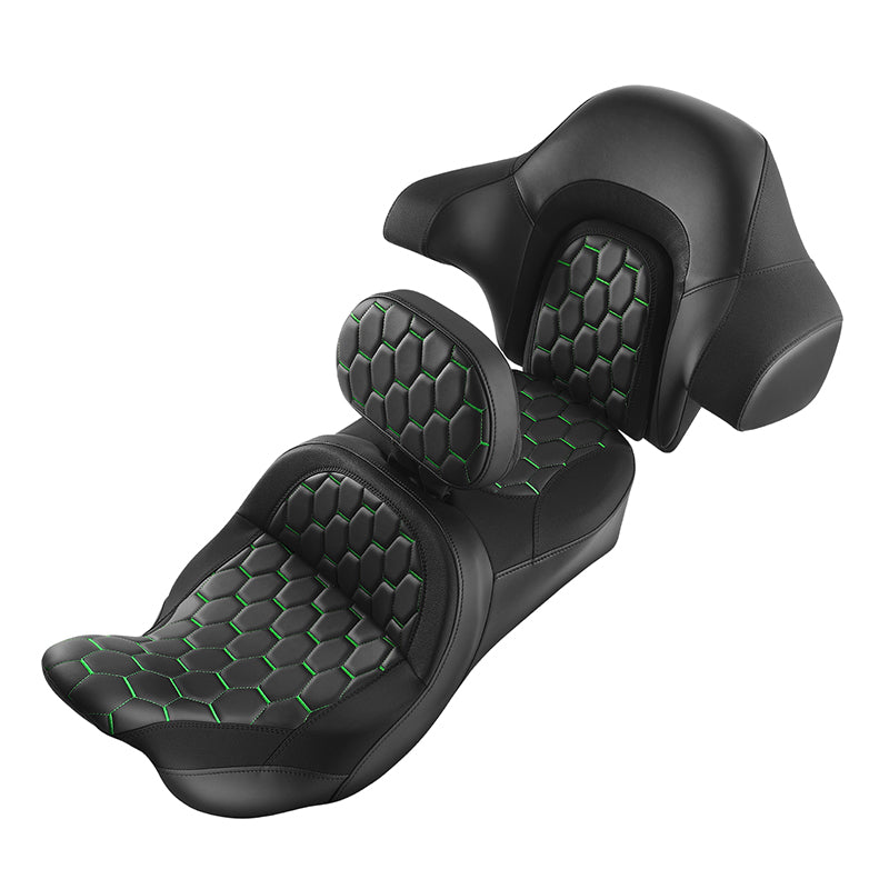 C.C. RIDER Touring Seat Driver Passenger Seat With Backrest For Harley CVO Road Glide Electra Glide Street Glide Road King, Black Green, 2014-2023