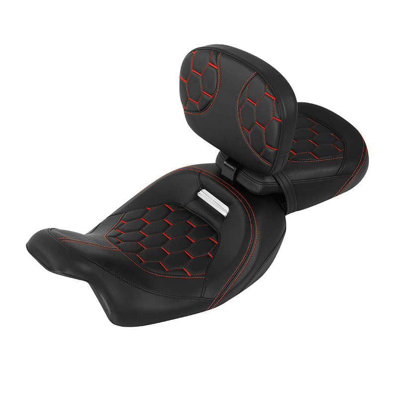 C.C. RIDER Touring Seat Two Piece Low Profile Driver Passenger Seat With Backrest For Road Glide Street Glide Road King, Black Red, 2009-2023
