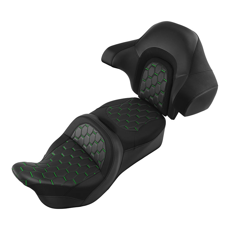 C.C. RIDER Touring Seat Driver Passenger Seat With Backrest For Harley CVO Road Glide Electra Glide Street Glide Road King, Black Green, 2014-2023