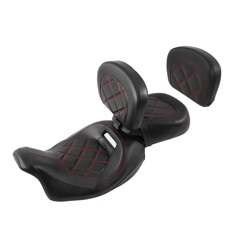 C.C. RIDER Touring Seat Two Piece Low Profile Driver Passenger Seat With Backrest For Road Glide Street Glide Road King, Black Red, 2009-2023