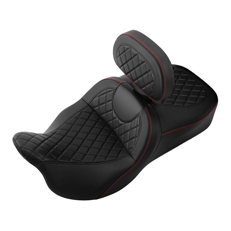 C.C. RIDER Touring Seat Driver Passenger Seat With Backrest For Harley CVO Road Glide Electra Glide Street Glide Road King, Black Red, 2014-2023