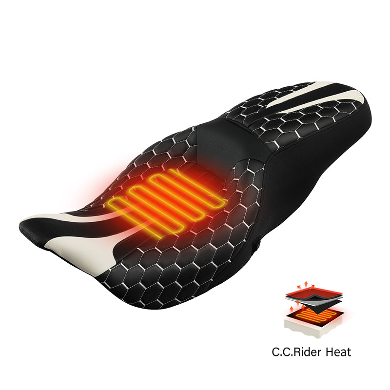 Heated Seat C.C. RIDER Touring Seat 2 up Seat Driver Passenger Seat For Harley Touring Street Glide Road Glide Electra Glide Honeycomb Stitiching, 2008-2023