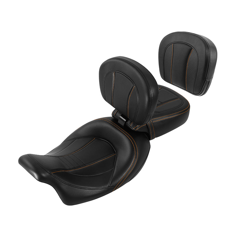 C.C. RIDER Touring Seat Two Piece Low Profile Driver Passenger Seat With Backrest For Road Glide Street Glide Road King, Black Orange, 2009-2023
