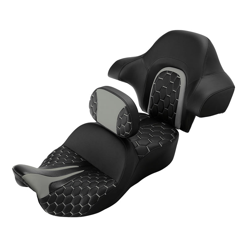 C.C. RIDER Touring Seat Driver Passenger Seat With Backrest For Harley CVO Road Glide Electra Glide Street Glide Road King, Whitish Grey, 2014-2023