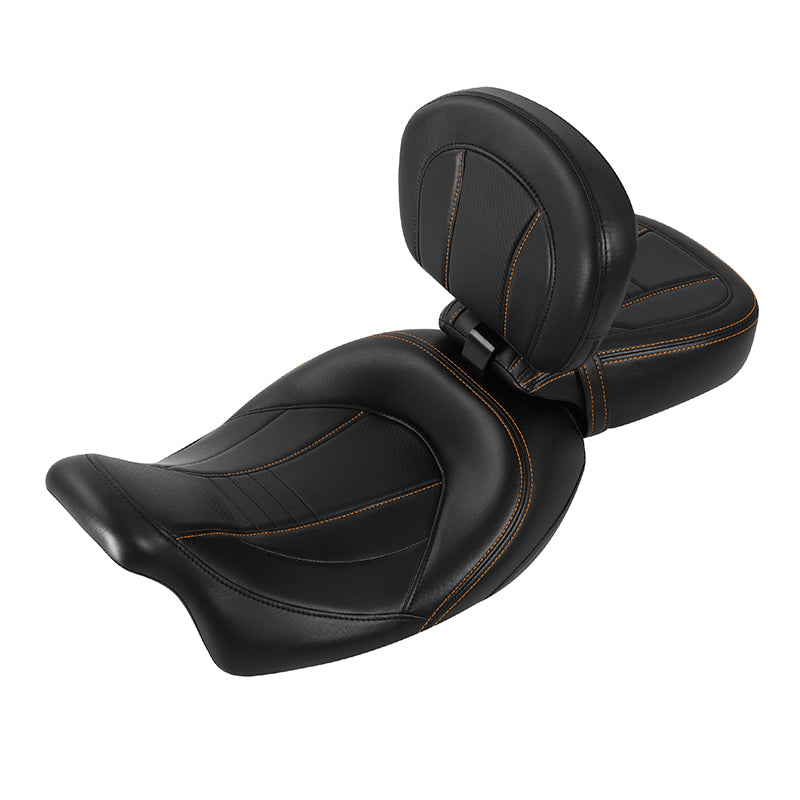 C.C. RIDER Touring Seat Two Piece Low Profile Driver Passenger Seat With Backrest For Road Glide Street Glide Road King, Black Orange, 2009-2023