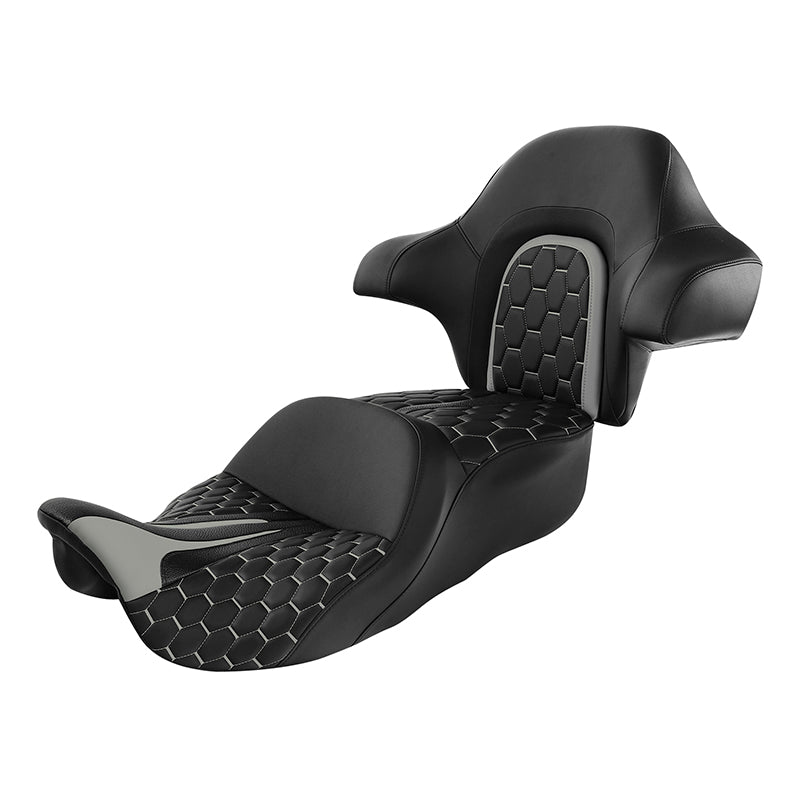 C.C. RIDER Touring Seat Driver Passenger Seat With Backrest For Harley CVO Road Glide Electra Glide Street Glide Road King, Whitish Grey, 2014-2023
