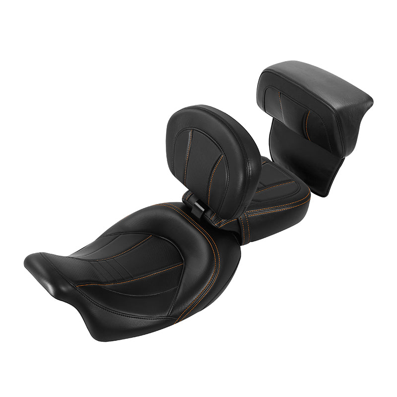C.C. RIDER Touring Seat Two Piece Low Profile Driver Passenger Seat With Backrest For Road Glide Street Glide Road King, Black Orange, 2009-2023