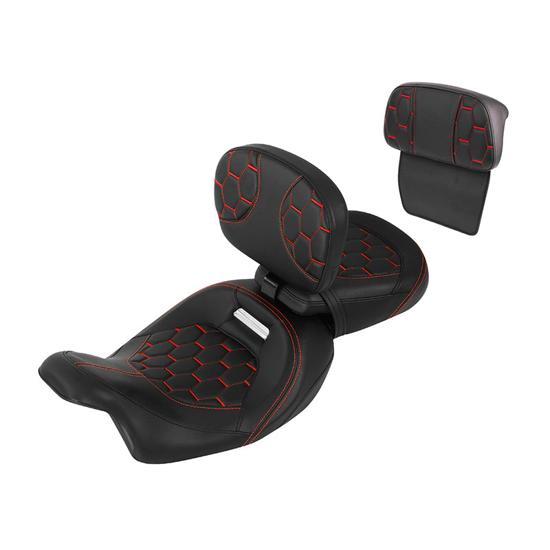 C.C. RIDER Touring Seat Two Piece Low Profile Driver Passenger Seat With Backrest For Road Glide Street Glide Road King, Black Red, 2009-2023