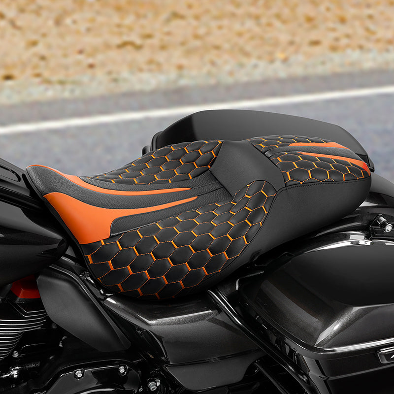 Heated Seat C.C. RIDER Touring Seat 2 up Seat Driver Passenger Seat For Harley Touring Street Glide Road Glide Electra Glide Honeycomb Stitiching, 2008-2023