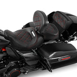 C.C. RIDER Touring Seat Two Piece Low Profile Driver Passenger Seat With Backrest For Road Glide Street Glide Road King, Black Red, 2009-2024