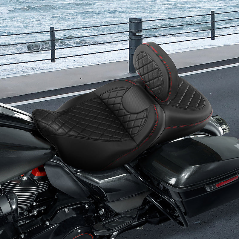 C.C. RIDER Touring Seat Driver Passenger Seat With Backrest For Harley CVO Road Glide Electra Glide Street Glide Road King, Black Red, 2014-2023