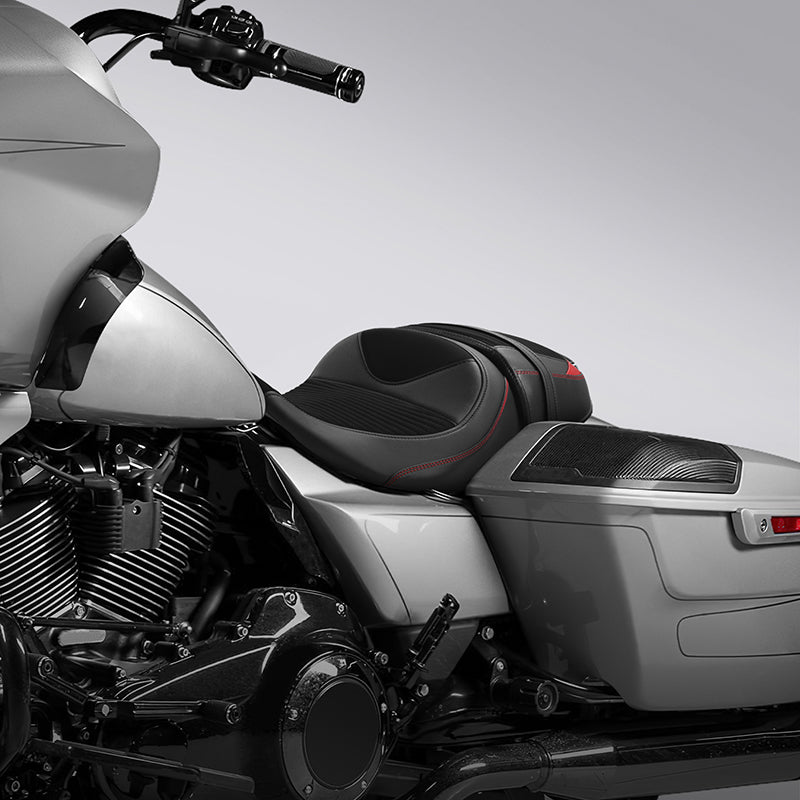 C.C. RIDER Touring Seat Two Piece 2 Up Seat Driver Solo Seat Passenger Seat Alcantara Leather Red Stitching For CVO Street Glide CVO Road Glide, 2023-2025