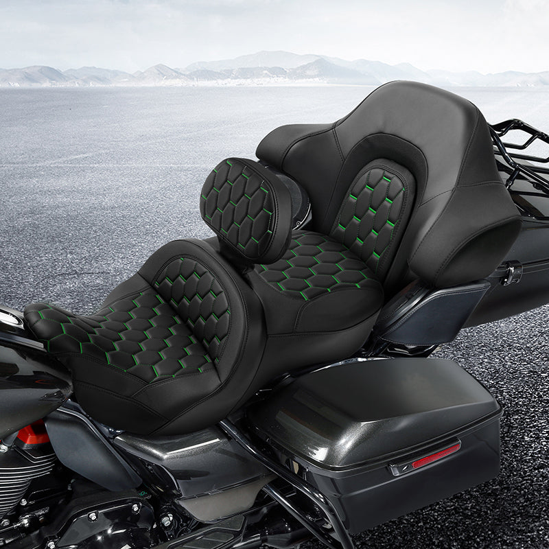 C.C. RIDER Touring Seat Driver Passenger Seat With Backrest For Harley CVO Road Glide Electra Glide Street Glide Road King, Black Green, 2014-2023