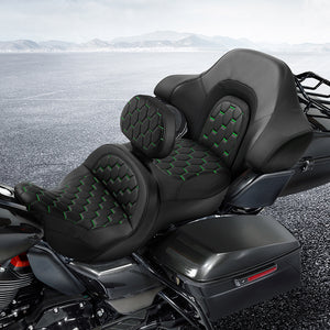 C.C. RIDER Touring Seat Driver Passenger Seat With Backrest For Harley CVO Road Glide Electra Glide Street Glide Road King, Black Green, 2014-2023