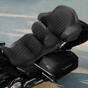 C.C. RIDER Touring Seat Driver Passenger Seat With Backrest For Harley CVO Road Glide Electra Glide Street Glide Road King, Black Red, 2014-2023