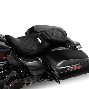 NEW C.C. RIDER Touring Seat Two Piece 2 Up Seat Low Profile Driver Passenger Seat Lattice Sititching For Road Glide Street Glide Road King, 2009-2023