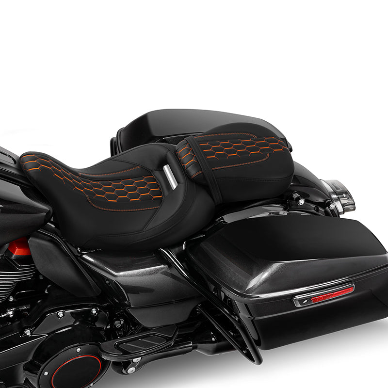 C.C. RIDER Touring Seat Two Piece 2 Up Seat Low Profile Driver Passenger Seat Honeycomb Design For Road Glide Street Glide Road King, 2009-2023