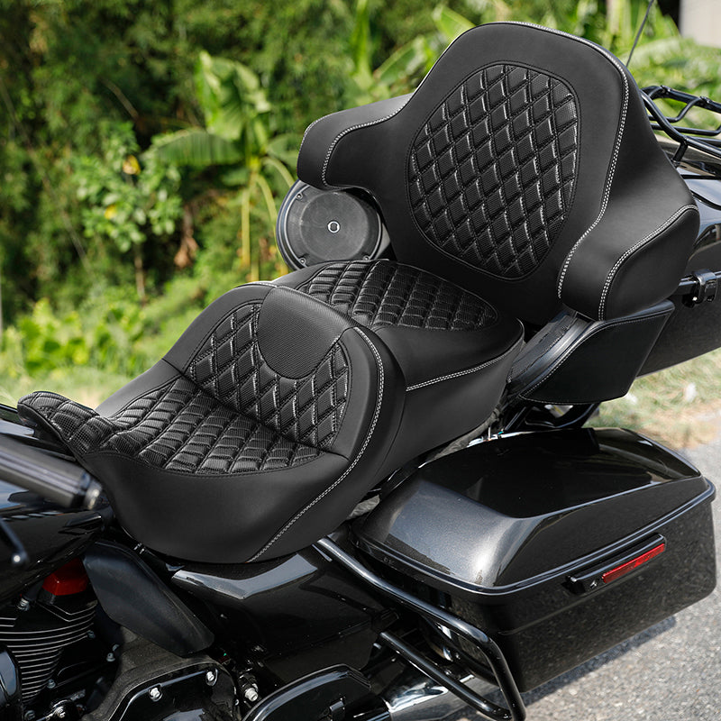 C.C. RIDER Touring Seat Driver Passenger Seat With Backrest For Harley CVO Road Glide Electra Glide Street Glide Road King, Black White, 2014-2023