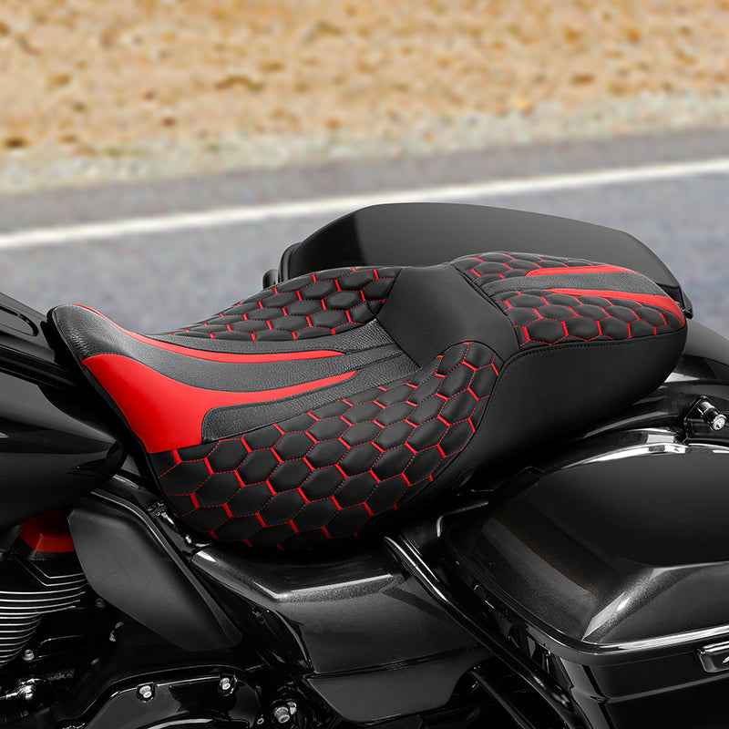 Heated Seat C.C. RIDER Touring Seat 2 up Seat Driver Passenger Seat For Harley Touring Street Glide Road Glide Electra Glide Honeycomb Stitiching, 2008-2023