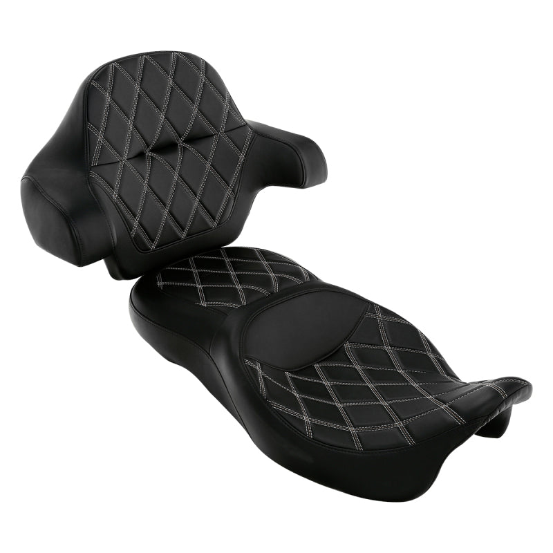 C.C. RIDER Touring Seat Driver Passenger Seat Extended Reach Seat With Backrest For Harley CVO Road Glide Electra Glide Street Glide Road King, Black Gray Diamond Stitching, 2014-2023