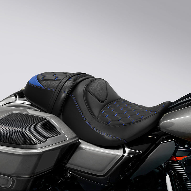 C.C. RIDER Touring Seat Two Piece 2 Up Seat Driver Solo Seat Passenger Seat Blue Honeycomb Stitching For CVO Street Glide CVO Road Glide, 2023-2025