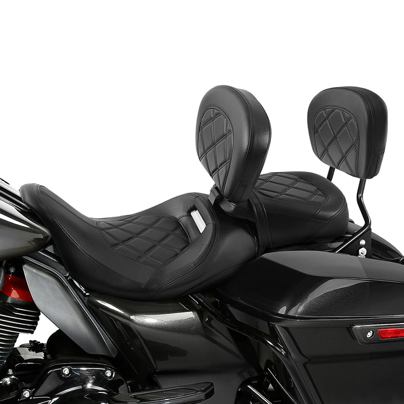 C.C. RIDER Touring Seat Two Piece Low Profile Driver Passenger Seat With Backrest For Road Glide Street Glide Road King, Black, 2009-2023