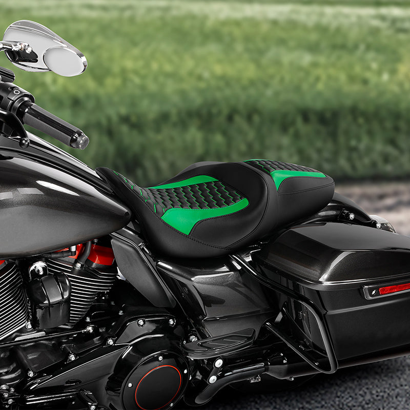 C.C. RIDER Touring Seat 2 up Seat Driver Passenger Seat For Harley Touring Street Glide Road Glide Electra Glide Green Honeycomb, 2008-2023