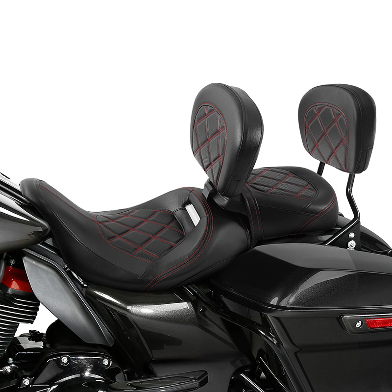 C.C. RIDER Touring Seat Two Piece Low Profile Driver Passenger Seat With Backrest For Road Glide Street Glide Road King, Black Red, 2009-2023