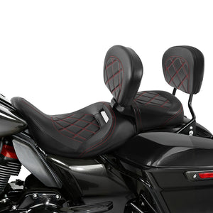 C.C. RIDER Touring Seat Two Piece Low Profile Driver Passenger Seat With Backrest For Road Glide Street Glide Road King, Black Red, 2009-2023