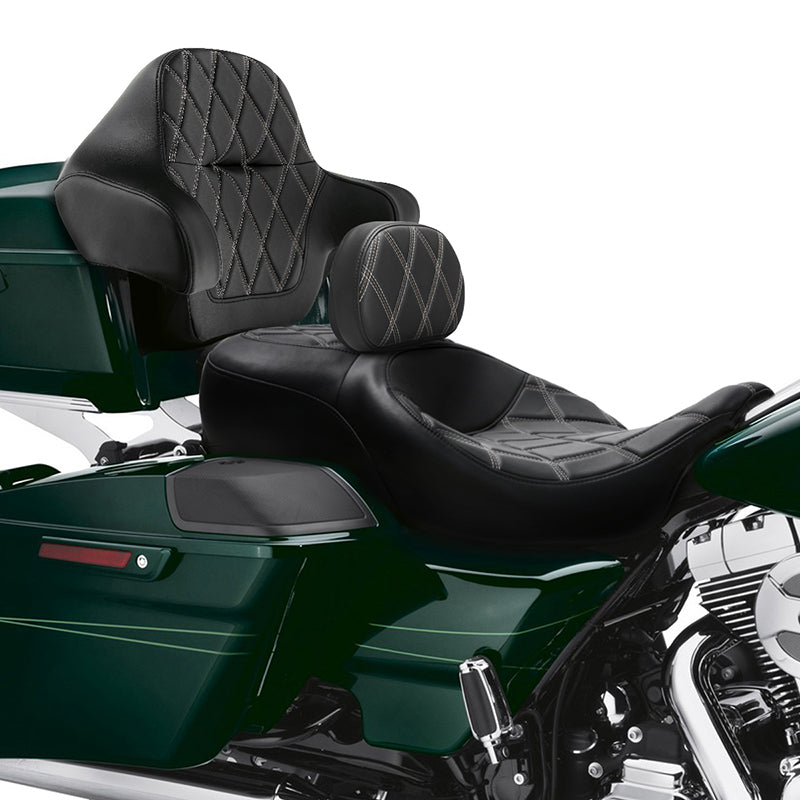 C.C. RIDER Touring Seat Driver Passenger Seat Extended Reach Seat With Backrest For Harley CVO Road Glide Electra Glide Street Glide Road King, Black Gray Diamond Stitching, 2014-2023