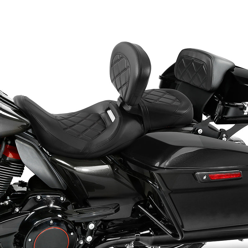 C.C. RIDER Touring Seat Two Piece Low Profile Driver Passenger Seat With Backrest For Road Glide Street Glide Road King, Black, 2009-2023