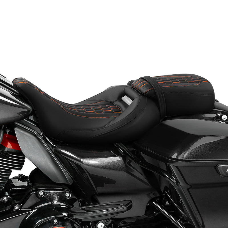 C.C. RIDER Touring Seat Two Piece 2 Up Seat Low Profile Driver Passenger Seat Honeycomb Design For Road Glide Street Glide Road King, 2009-2023