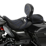 C.C. RIDER Touring Seat Two Piece Low Profile Driver Passenger Seat With Backrest For Road Glide Street Glide Road King, Black Blue, 2009-2024