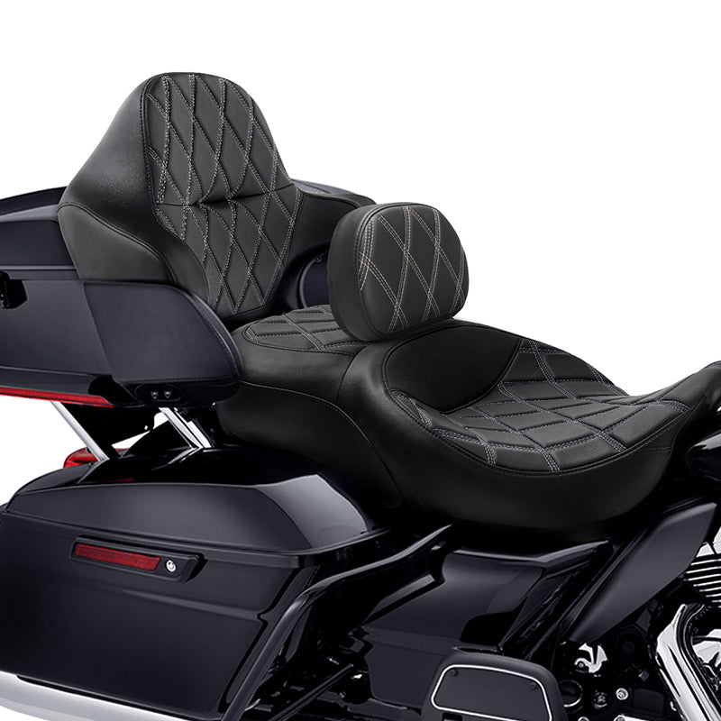 C.C. RIDER Touring Seat Driver Passenger Seat Extended Reach Seat With Backrest For Harley CVO Road Glide Electra Glide Street Glide Road King, Black Gray Diamond Stitching, 2014-2023