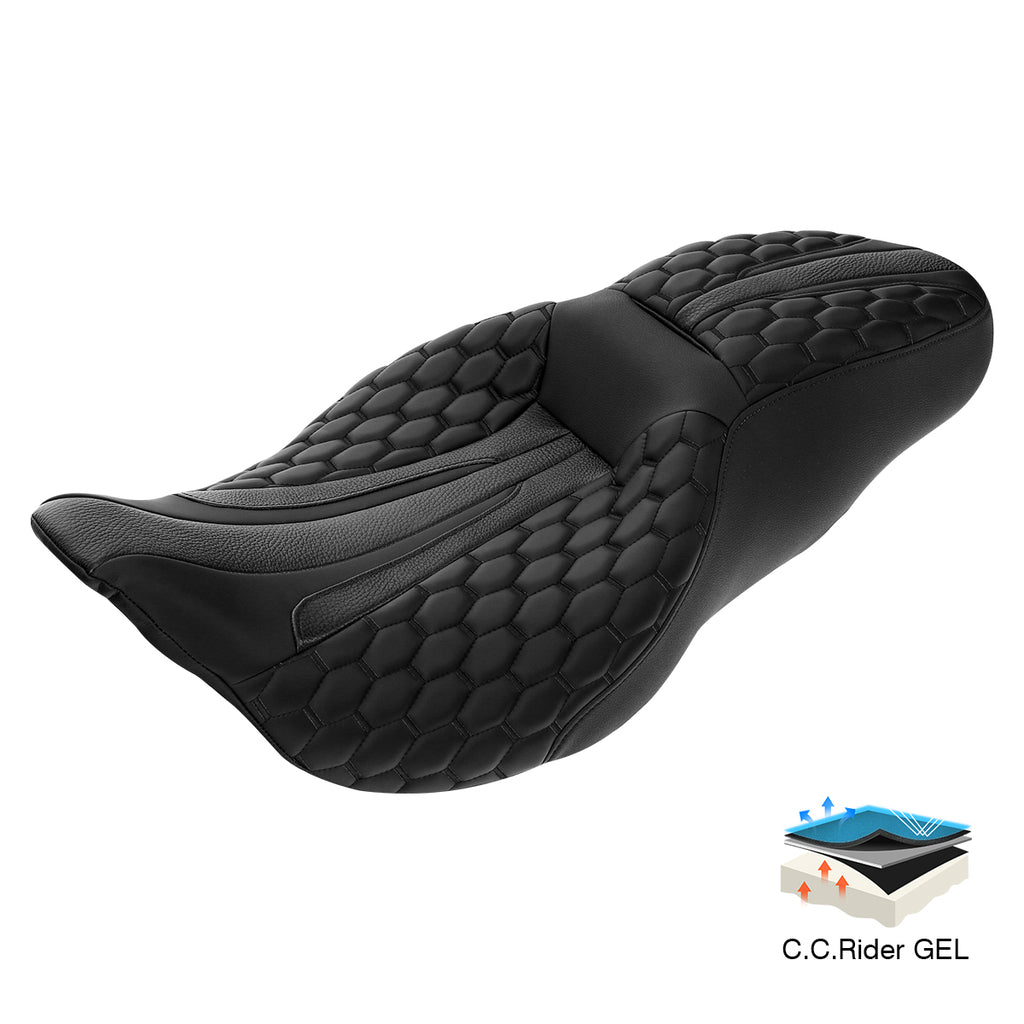 Gel Seat C.C. RIDER Touring Seat 2 up Seat Driver Passenger Seat For Harley Touring Street Glide Road Glide Electra Glide Honeycomb Stitiching, 2008-2023