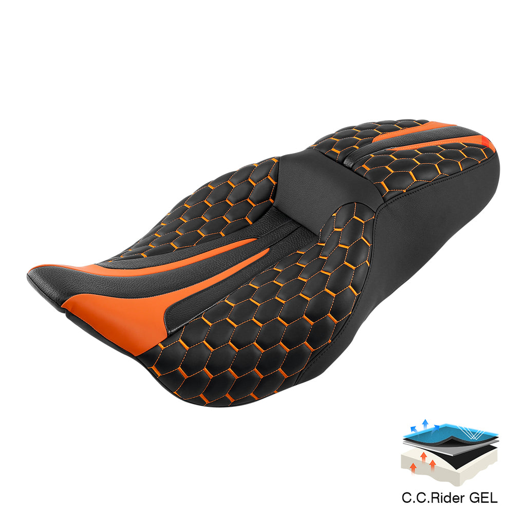 Gel Seat C.C. RIDER Touring Seat 2 up Seat Driver Passenger Seat For Harley Touring Street Glide Road Glide Electra Glide Honeycomb Stitiching, 2008-2023