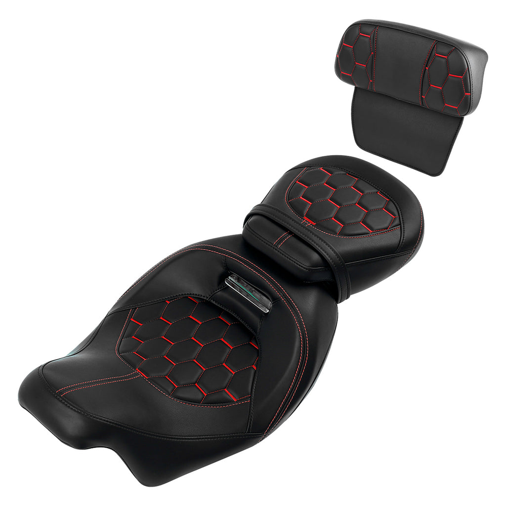C.C. RIDER Touring Seat Two Piece Low Profile Driver Passenger Seat With Backrest For Road Glide Street Glide Road King, Black Red, 2009-2023