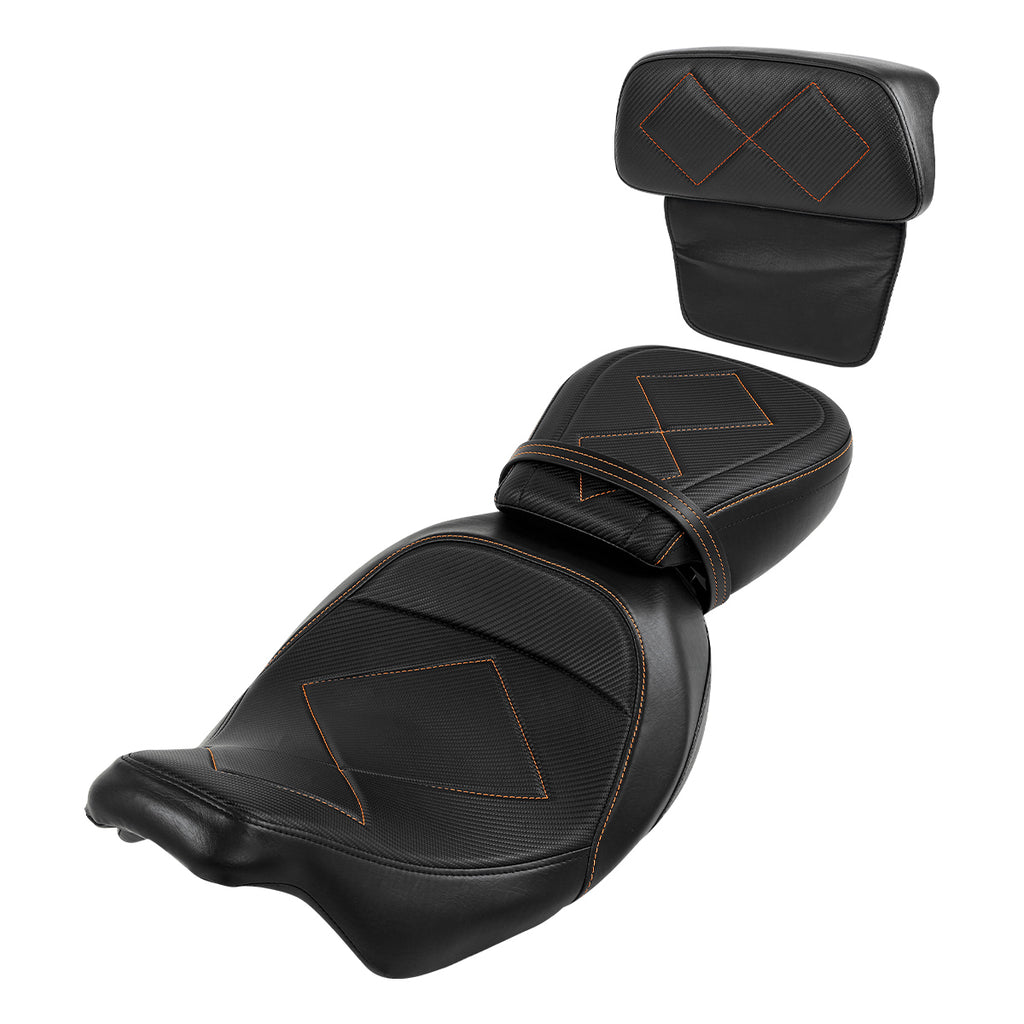 C.C. RIDER Touring Seat Two Piece Low Profile Driver Passenger Seat With Backrest For Road Glide Street Glide Road King, Black Orange, 2009-2023
